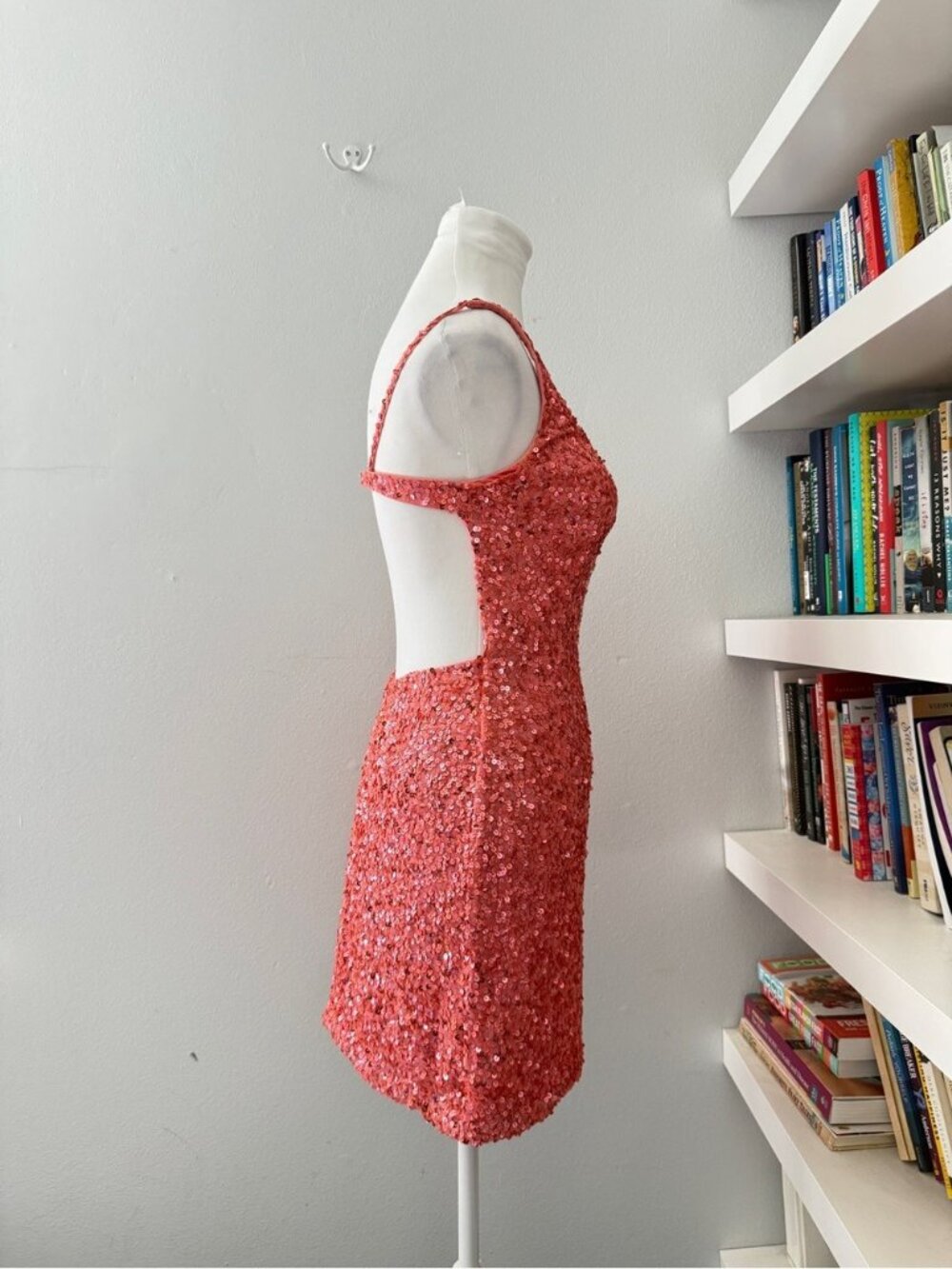Scala Coral Sequin Mini Dress with Gem Ladder Detail Sz 4 - Picture 6 of 14